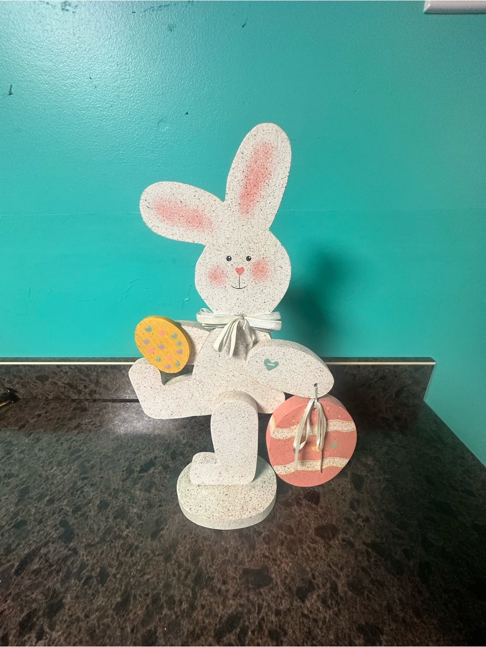 Easter Bunny Tabletop Decor - White & Pink Wooden Holiday Figurine